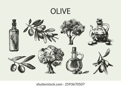 Hand drawn sketch olive set. Vector illustration