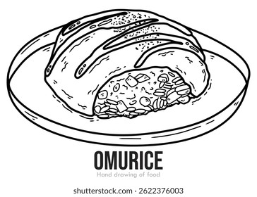 Hand drawn sketch of omurice, simple line art, black ink, editable, coloring page, outline