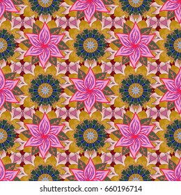 Hand drawn sketch on background. Perfect for printing on fabric or paper. Vintage decorative elements. Vector seamless pattern tile with mandalas. Islam, Arabic, Indian, ottoman motifs.