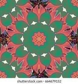 Hand drawn sketch on background. Perfect for printing on fabric or paper. Vector seamless pattern tile with mandalas. Islam, Arabic, Indian, ottoman motifs. Vintage decorative elements.