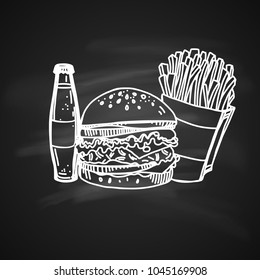 Hand Drawn Sketch on Chalkboard of Fast Food. Retro Vintage Style of Fast Food. Elements for Cooking Design