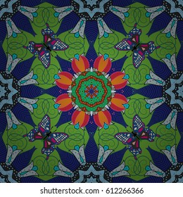 Hand drawn sketch on colorful background. Islam, Arabic, Indian, ottoman motifs. Vintage decorative elements. Perfect for printing on fabric or paper. Vector seamless pattern tile with mandalas.