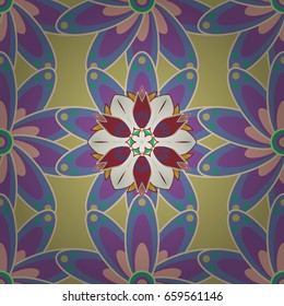 Hand drawn sketch on colorful background. Vintage decorative elements. Perfect for printing on fabric or paper. Islam, Arabic, Indian, ottoman motifs. Vector seamless pattern tile with mandalas.