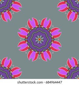 Hand drawn sketch on colorful background. Vintage decorative elements. Vector seamless pattern tile with mandalas. Perfect for printing on fabric or paper. Islam, Arabic, Indian, ottoman motifs.