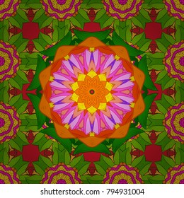 Hand drawn sketch on green, orange, yellow colors. Vector seamless pattern tile mandalas. Perfect for printing on fabric or paper. Vintage decorative elements. Islam, Arabic, Indian, ottoman motifs.
