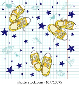 Hand drawn sketch on squared notebook paper. Notebook doodles with yellow sneakers, paper boats, paper planes, stars and hearts with wings. Vector Illustration. Background.