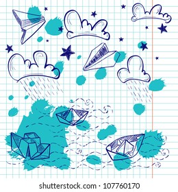 Hand drawn sketch on squared notebook paper. Notebook doodles with paper boats, paper planes and inkblots. Vector Illustration. Background