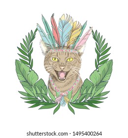 hand drawn sketch on the theme of hunting - screaming cat heads in oak leaves and a stack and whip