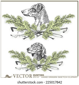 hand drawn sketch on the theme of hunting - Dog heads in oak leaves and a stack and whip