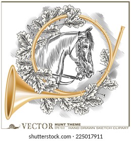 hand drawn sketch on the theme of hunting - horse head in oak leaves and a hunting horn