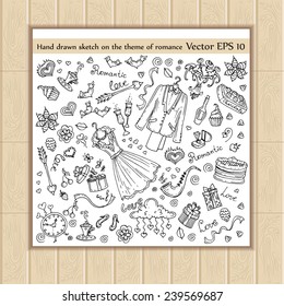 Hand drawn sketch on the theme of romance and relationships between man and woman. Vector background for use in design