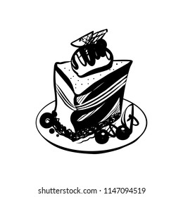 Hand Drawn Sketch on White Background with Cake Piece Vintage Sketch. Great for Banner, Label, Poster