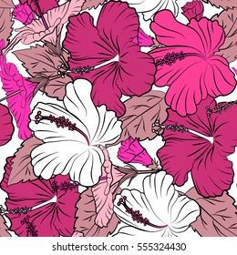 Hand drawn sketch on a white background. Design in magenta and white colors for invitation, wedding or greeting cards. Vector hibiscus floral pattern. Floral seamless pattern with hibiscus flowers.