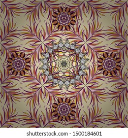 Hand drawn sketch on yellow, beige colors. Islam, Arabic, Indian, ottoman motifs. Perfect for printing on fabric or paper. Vintage decorative elements. Vector seamless pattern tile with mandalas.