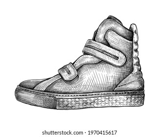 Hand drawn sketch of one boot isolated on a white background.  Concept of comfort shoes in modern casual style. Side view. Vector illustration