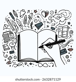 hand drawn sketch, open book with blank pages. Closed Book with Bookmark, Line Art Illustration. 
Hand-drawn illustration of a hand writing in a notebook
