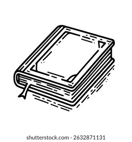 hand drawn sketch, open book with blank pages. Closed Book with Bookmark, Line Art Illustration. 
Hand-drawn illustration of a hand writing in a notebook