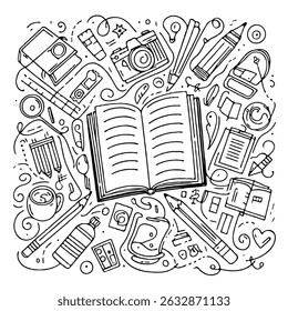 hand drawn sketch, open book with blank pages. Closed Book with Bookmark, Line Art Illustration. 
Hand-drawn illustration of a hand writing in a notebook