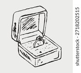 Hand drawn sketch of an open ring box revealing a sparkling engagement ring. Love, commitment, and romantic moments. Vector sketch illustration in vintage crayon charcoal style.
