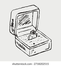 Dibujado a mano boceto de una caja de anillo abierto que revela un anillo de compromiso brillante. Amor, compromiso y momentos románticos. Ilustración de boceto de Vector en estilo vintage de carbón de crayón.