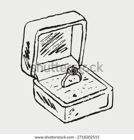 Hand drawn sketch of an open ring box revealing a sparkling engagement ring. Love, commitment, and romantic moments. Vector sketch illustration in vintage crayon charcoal style.