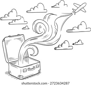 Handgezeichnete Skizze eines offenen Koffers mit Flugzeug und Swirling Smoke Reiseflug