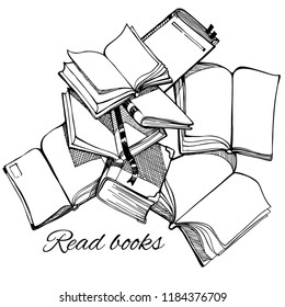 Handgezeichnete Skizze der geöffneten Bücher. Vektorgrafik im Skizzenstil. Einzeln auf weißem Hintergrund. Bibliothek, Buchladen