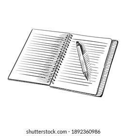 Hand drawn sketch of opened notebook with pen on a white background. Notebook,  sketchbook, spring notebook, dairy, dot grid notebook 