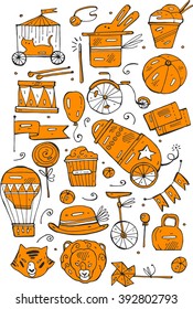 Hand drawn sketch orange  circus and amusement vector illustrations. Vintage icons.