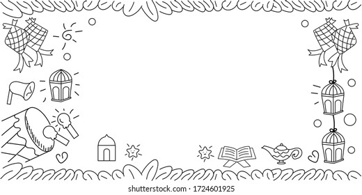 Hand drawn sketch outline doodle style islamic vector illustration. Collection of arabic design elements with  quran, lanterns, rosary, food, mosque.