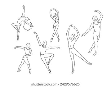 Hand drawn sketch outline set with dancing people. Black contour collection of women and men dancing classic dances, ballet. Sketch isolated drawings on white background for coloring pages, tattoo