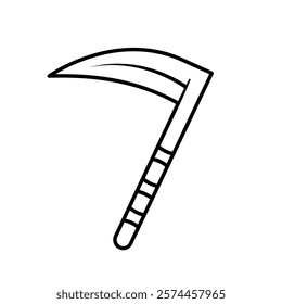 A hand drawn sketch outline of a traditional sickle, commonly used for harvesting crops, featuring a curved blade and detailed handle design