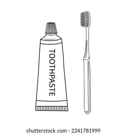 Dibujo a mano esquemático contorno ilustración vectorial cepillo de dientes y pasta dental en un fondo blanco. Herramientas y equipo de la ciencia dental.