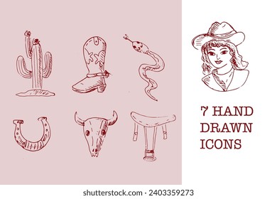 Hand drawn sketch outline wild west cowgirl icons. Vector illustration in vintage style. Vector set included cactus, cowgirl, boot, snake, horseshoe, skull of animal, saddle. 