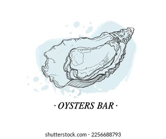 Hand drawn sketch of an oyster on a watercolor blue spots. Logo template for the menu of a fish restaurant or seafood bar.Vector illustration on a white background