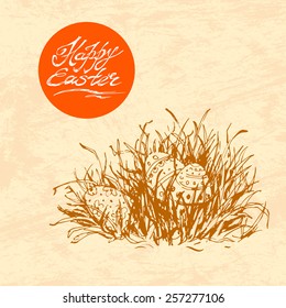 Hand drawn sketch of painted easter eggs laying in grass. Vector vintage line art illustration on texture paper. Happy easter lettering in circle. 