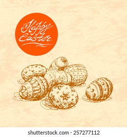 Hand drawn sketch of painted easter eggs. Vector vintage line art illustration on texture paper. Happy easter lettering in circle. 