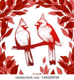 Hand drawn sketch a pair of birds. Beautiful pair of Red Cardinals on a branch in foliage. In red color