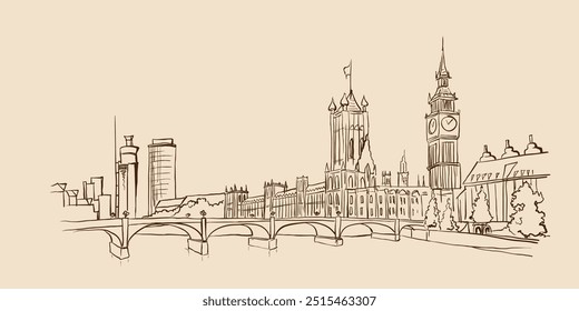 Hand drawn sketch of Palace of Westminster, London, Great Britain. Hand drawn	

