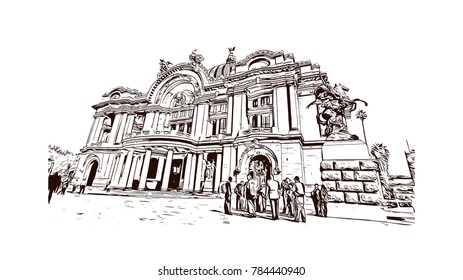 Hand drawn sketch of Palacio de Bellas Artes, Mexico City in vector.