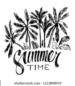 Hand drawn sketch with palm trees. Summer poster. Vector