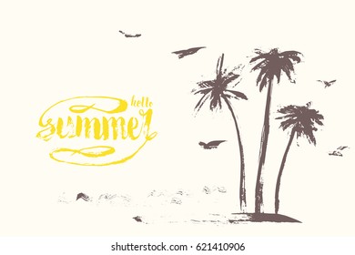 Hand drawn sketch of the palm trees and birds. Hello summer. 