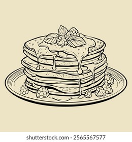 Hand drawn sketch pancakes with a syrup on top, black and white