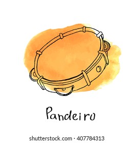 Hand drawn sketch of pandeiro. Ethnic drum on a bright orange stain.