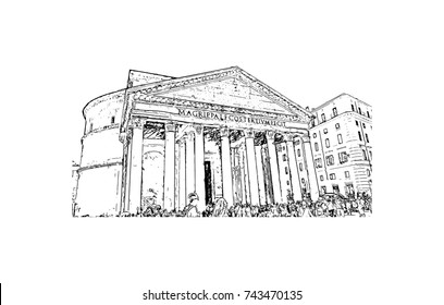 Hand Drawn Sketch Of Pantheon Rome, Italy In Vector Illustration.