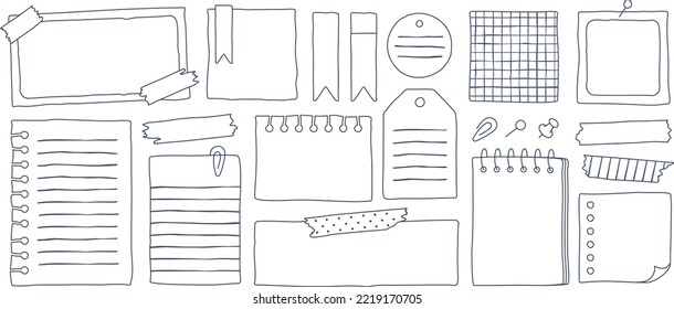 Notas de papel dibujadas a mano, pegatinas de cuadernos de doodle, hojas de planner diarias con cinta adhesiva. Nota de diario en blanco con pin, pegatina linda para recordatorios o para hacer conjunto de vectores de lista