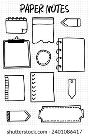 Hand drawn sketch paper notes, template doodle notebook stickers, daily planner sheets with sticky tape.