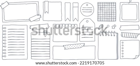 Hand drawn sketch paper notes, doodle notebook stickers, daily planner sheets with sticky tape. Blank diary note with pin, cute sticker for reminders or to do list vector set