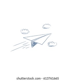 Hand drawn sketch of paper plane flying between clouds. Pencil cartoon for business concept of freedom, challenge or summer travel. Eps10 vector illustration.