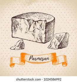 Hand drawn sketch Parmesan cheese background. Vector illustration of natural milk foods